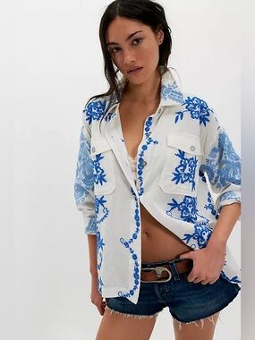 Free People We The Free Blue Toile Embroidered Button Down NWT Size L